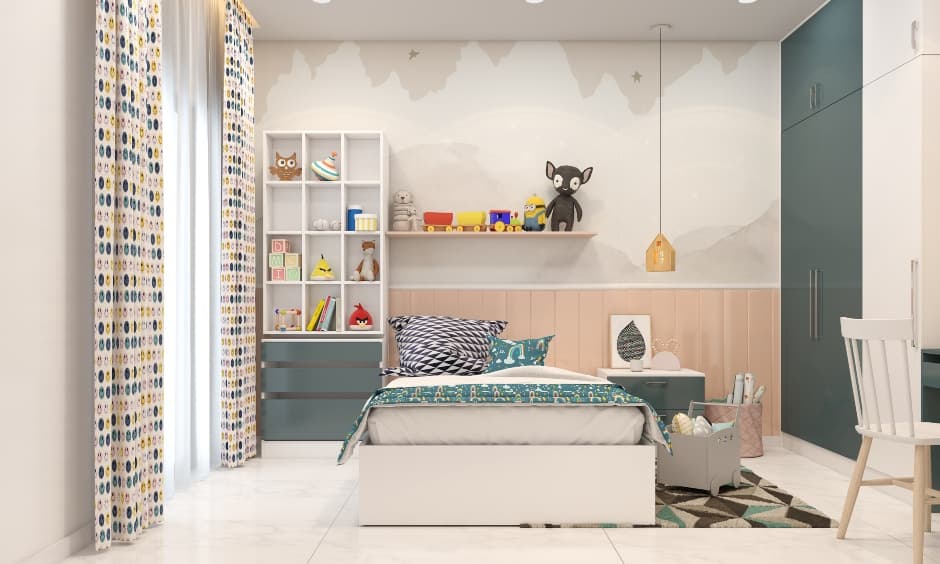 cozy-kids-bedroom-with-single-bed-and-wooden-bookshelf