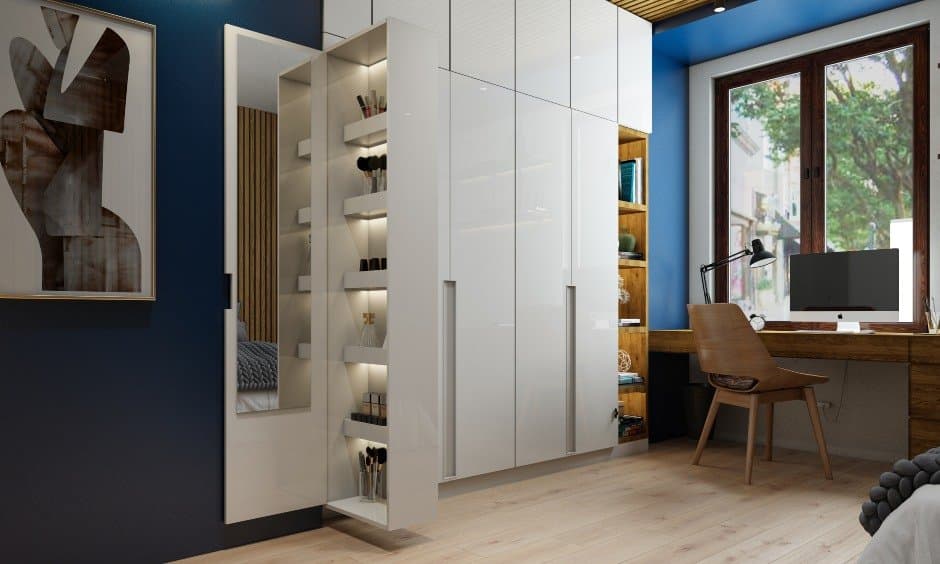 A Modern White Wardrobe Design With A Pull-Out Dresser