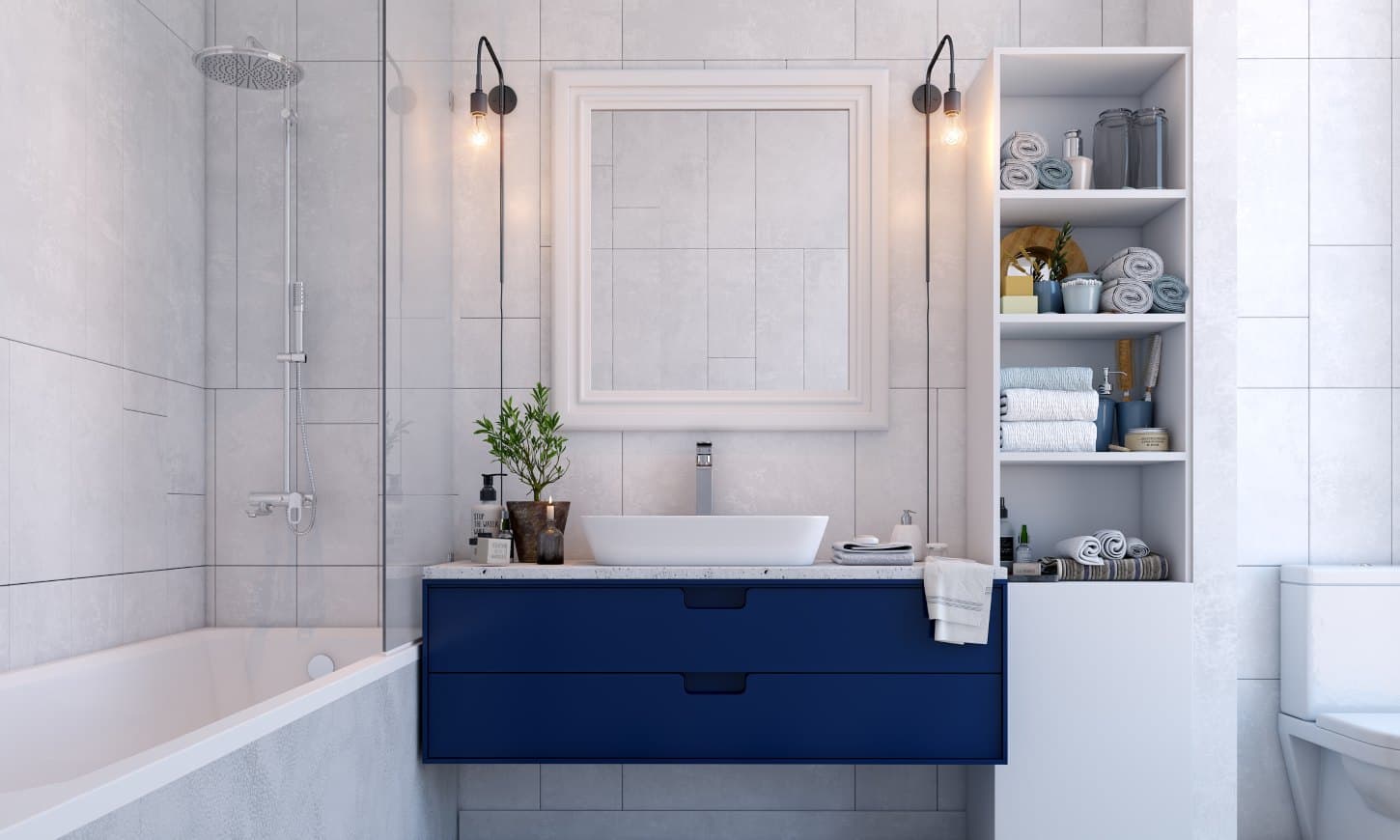 A Clean And Simple Bathroom Design With A Striking Blue Vanity