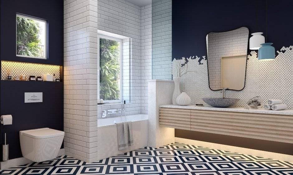A Modern Bathroom Design With Clean Lines And Patterned Flooring