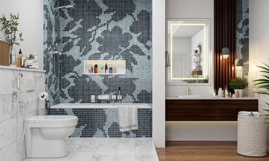 A Bathroom Designed With Floral Mosaic Tiles
