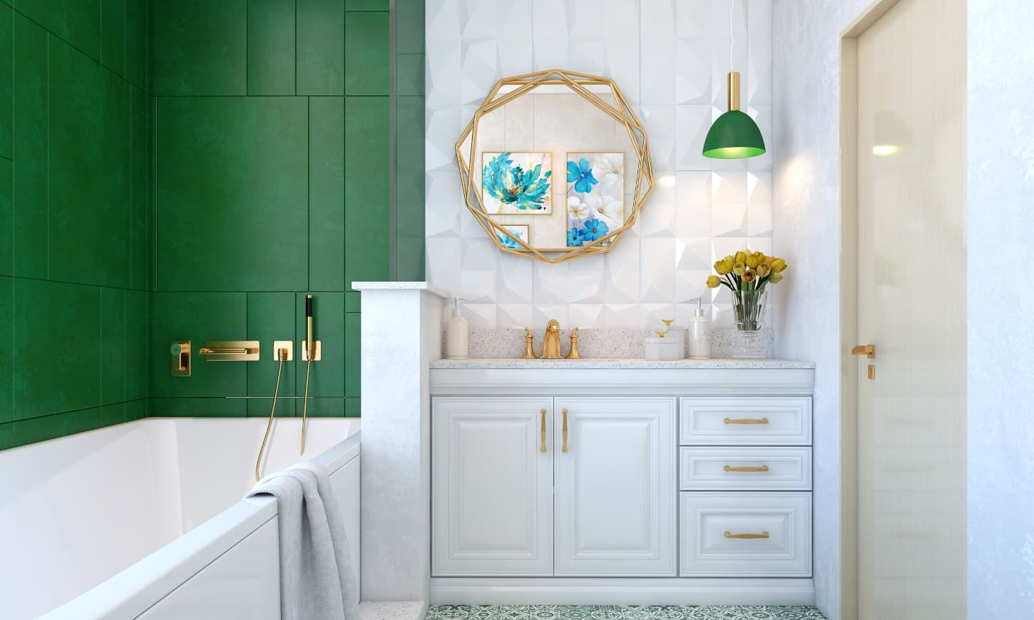 A Classic Take On A Modern Bathroom With Rich Green Walls And Gold Accents