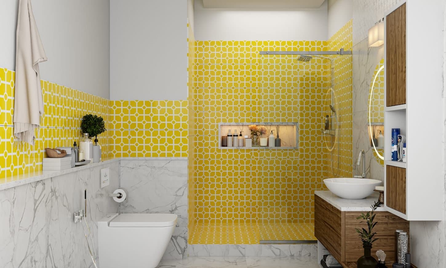 A Fun Bathroom Design With Yellow Patterned Tiles And A Wooden Vanity