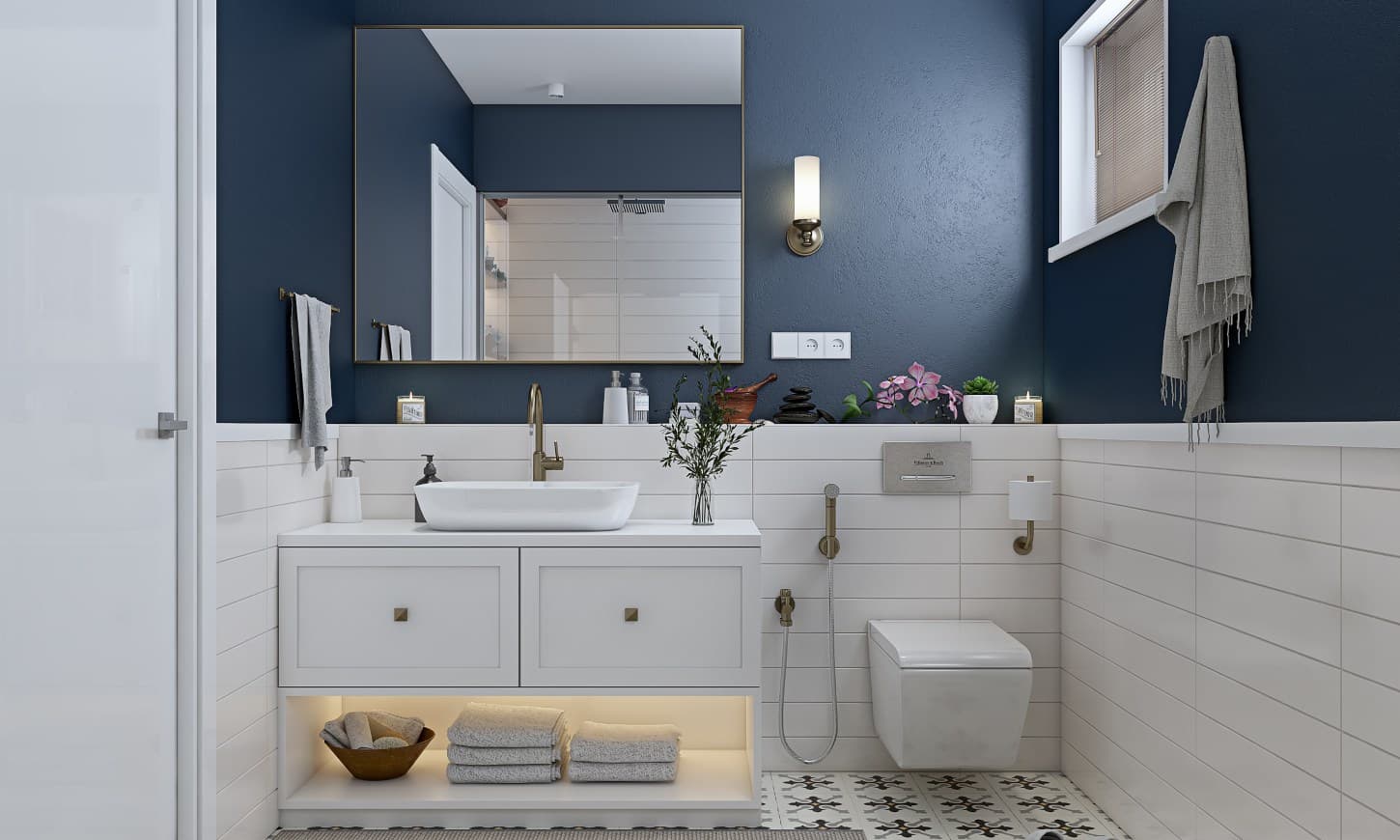 A Modern Classical Bathroom With A Blue Eggshell Wall Finish And Ceramic Tiles